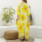 Yellow Frangipani Pattern Print Silk V-Neck Kaftan Dress