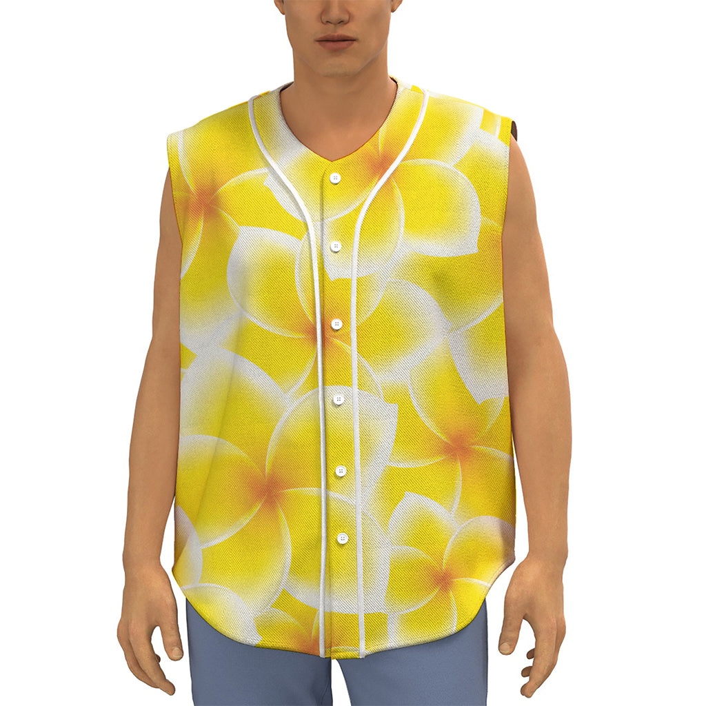 Yellow Frangipani Pattern Print Sleeveless Baseball Jersey