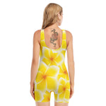 Yellow Frangipani Pattern Print Sleeveless One Piece Swimsuit
