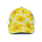Yellow Frangipani Pattern Print White Mesh Trucker Cap