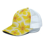 Yellow Frangipani Pattern Print White Mesh Trucker Cap