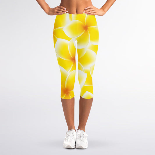 Yellow Frangipani Pattern Print Women's Capri Leggings