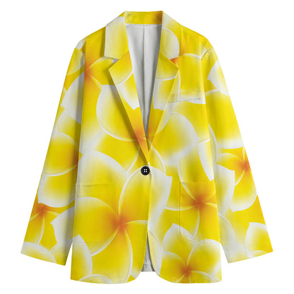 Yellow Frangipani Pattern Print Women's Cotton Blazer