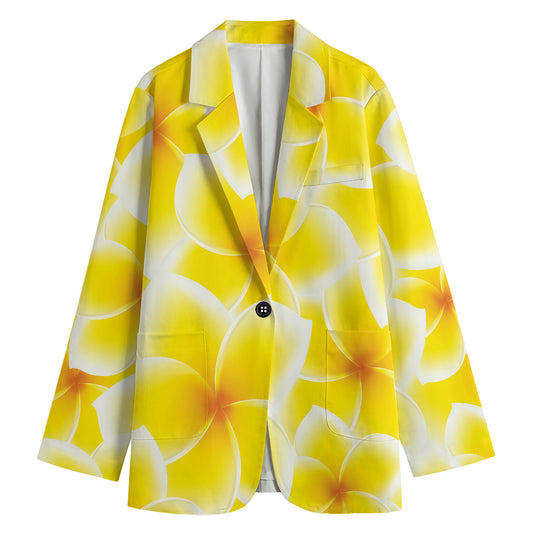 Yellow Frangipani Pattern Print Women's Cotton Blazer