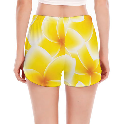 Yellow Frangipani Pattern Print Women's Split Running Shorts