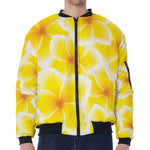 Yellow Frangipani Pattern Print Zip Sleeve Bomber Jacket