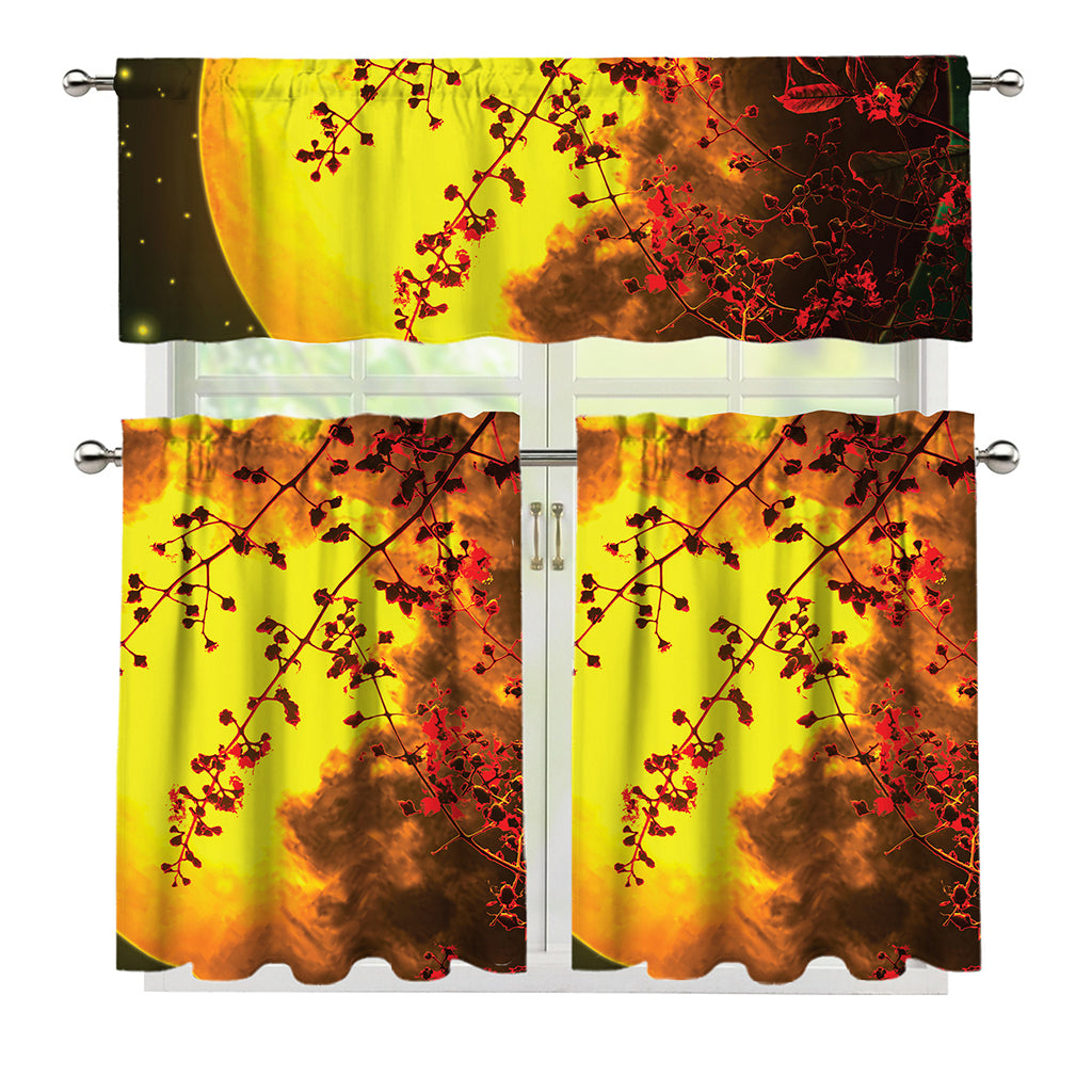 Yellow Full Moon Print 3 Piece Kitchen Curtains
