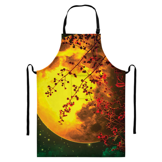 Yellow Full Moon Print Bib Apron With Pocket