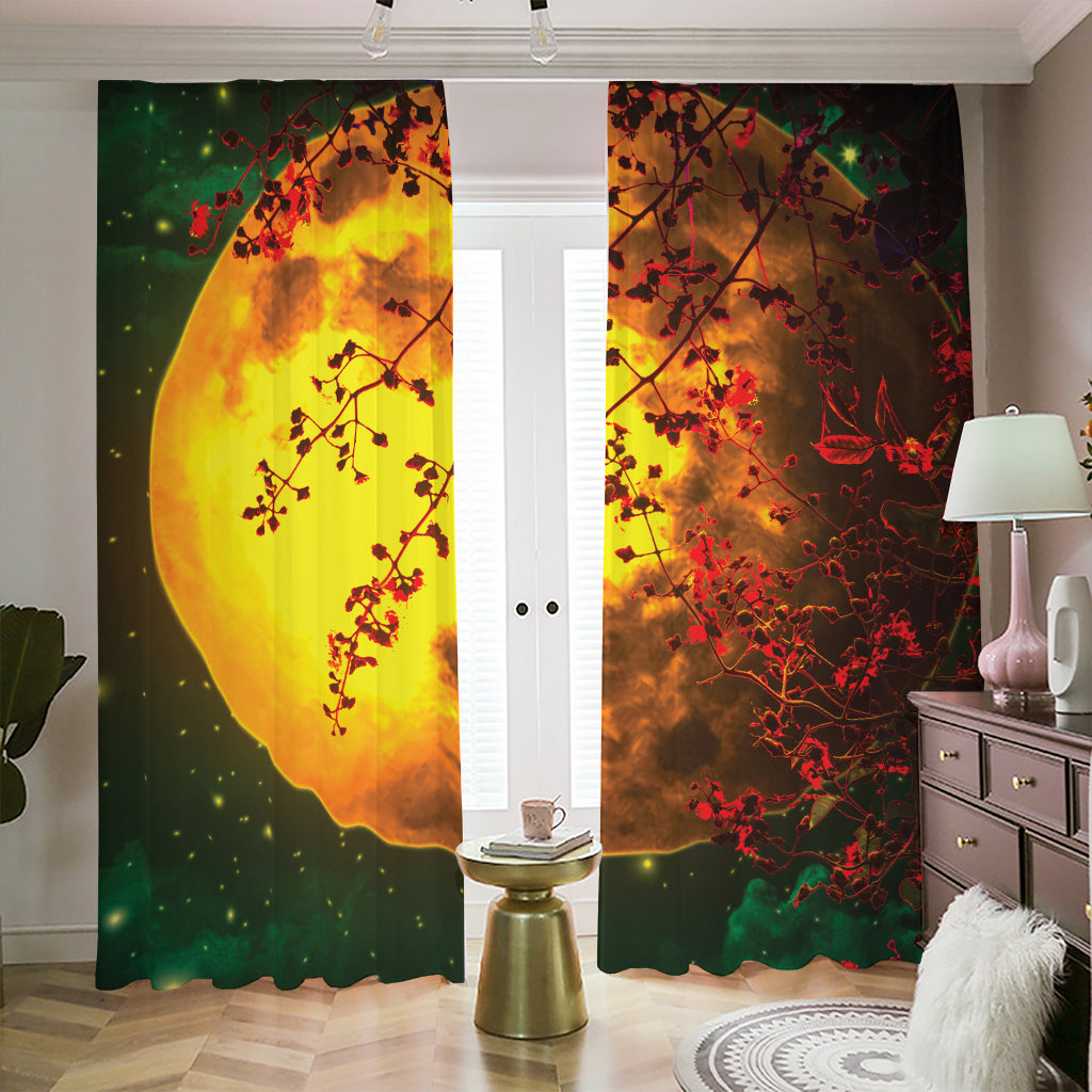 Yellow Full Moon Print Blackout Pencil Pleat Curtains