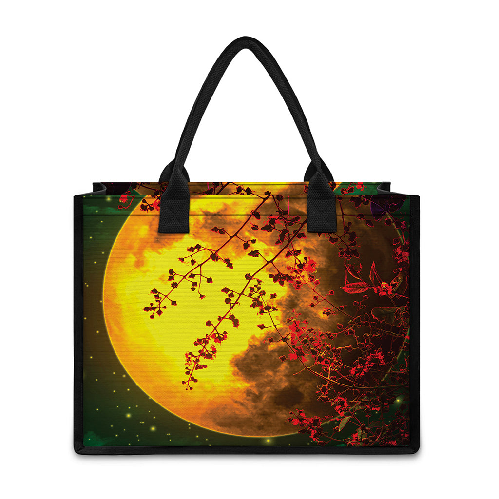 Yellow Full Moon Print Canvas Tote Bag
