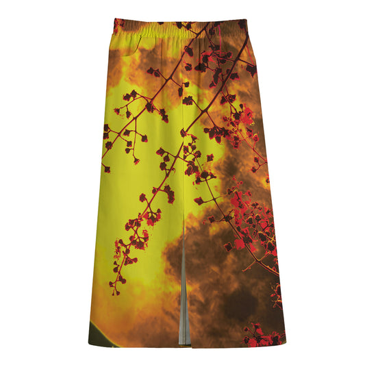 Yellow Full Moon Print Cotton Front Slit Maxi Skirt