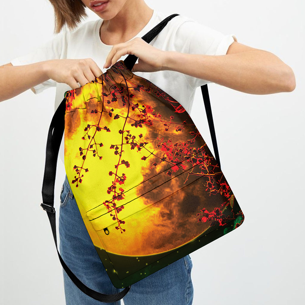 Yellow Full Moon Print Drawstring Backpack