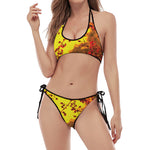 Yellow Full Moon Print Halter Scoop Tie Side Bikini