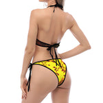 Yellow Full Moon Print Halter Scoop Tie Side Bikini