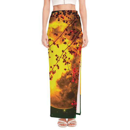 Yellow Full Moon Print High Slit Maxi Skirt