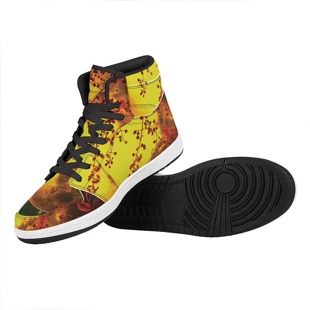 Yellow Full Moon Print High Top Leather Sneakers