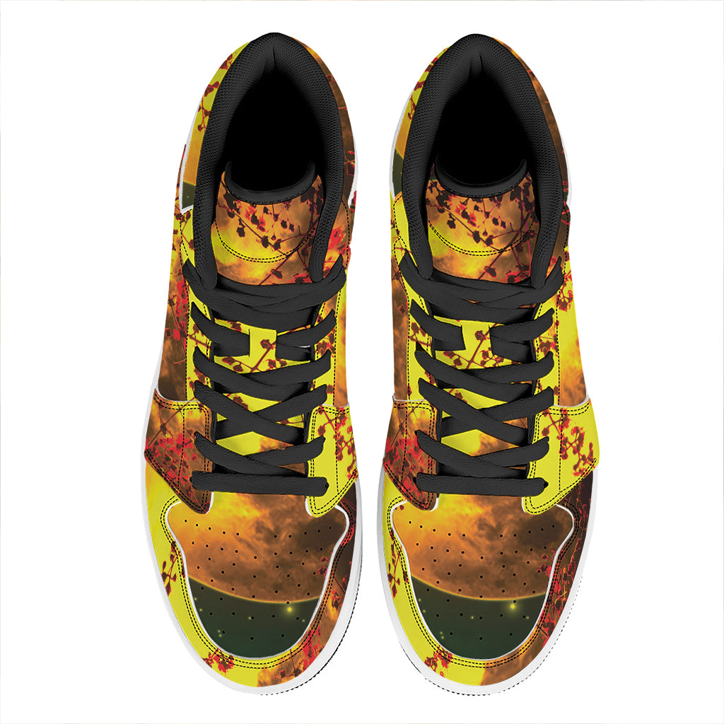 Yellow Full Moon Print High Top Leather Sneakers