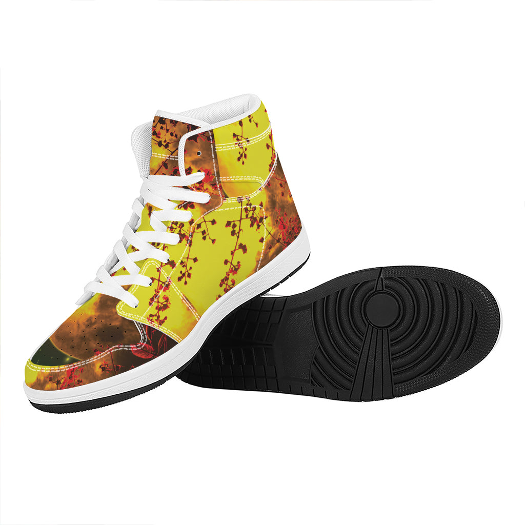 Yellow Full Moon Print High Top Leather Sneakers