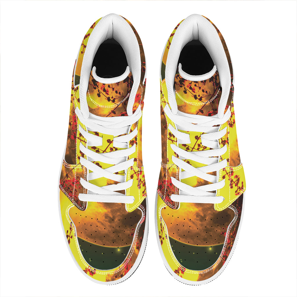 Yellow Full Moon Print High Top Leather Sneakers