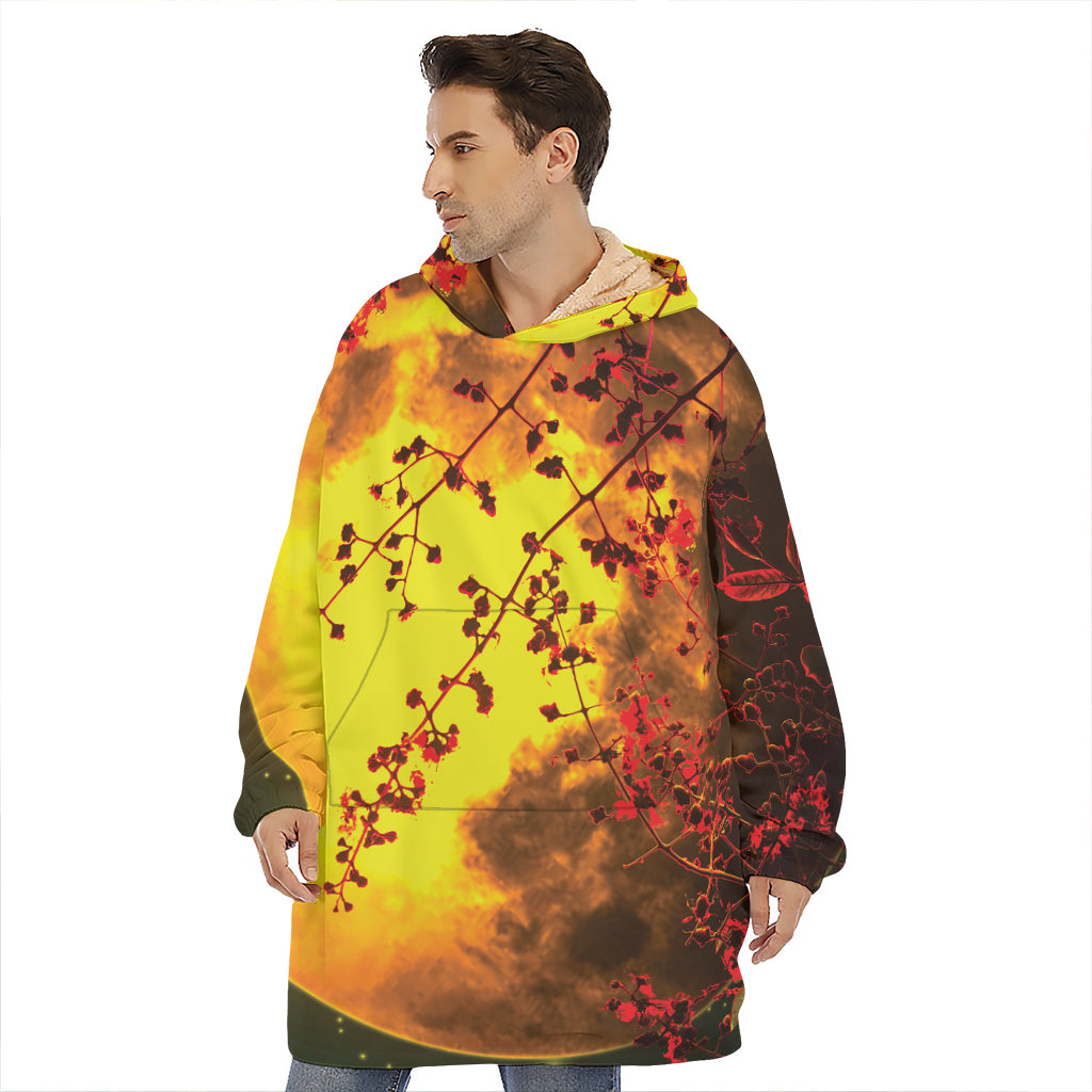Yellow Full Moon Print Hoodie Blanket