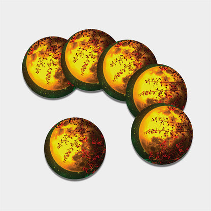 Yellow Full Moon Print Leather Coaster Set