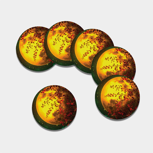 Yellow Full Moon Print Leather Coaster Set
