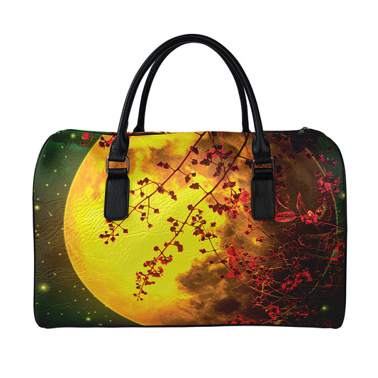Yellow Full Moon Print Leather Duffle Bag