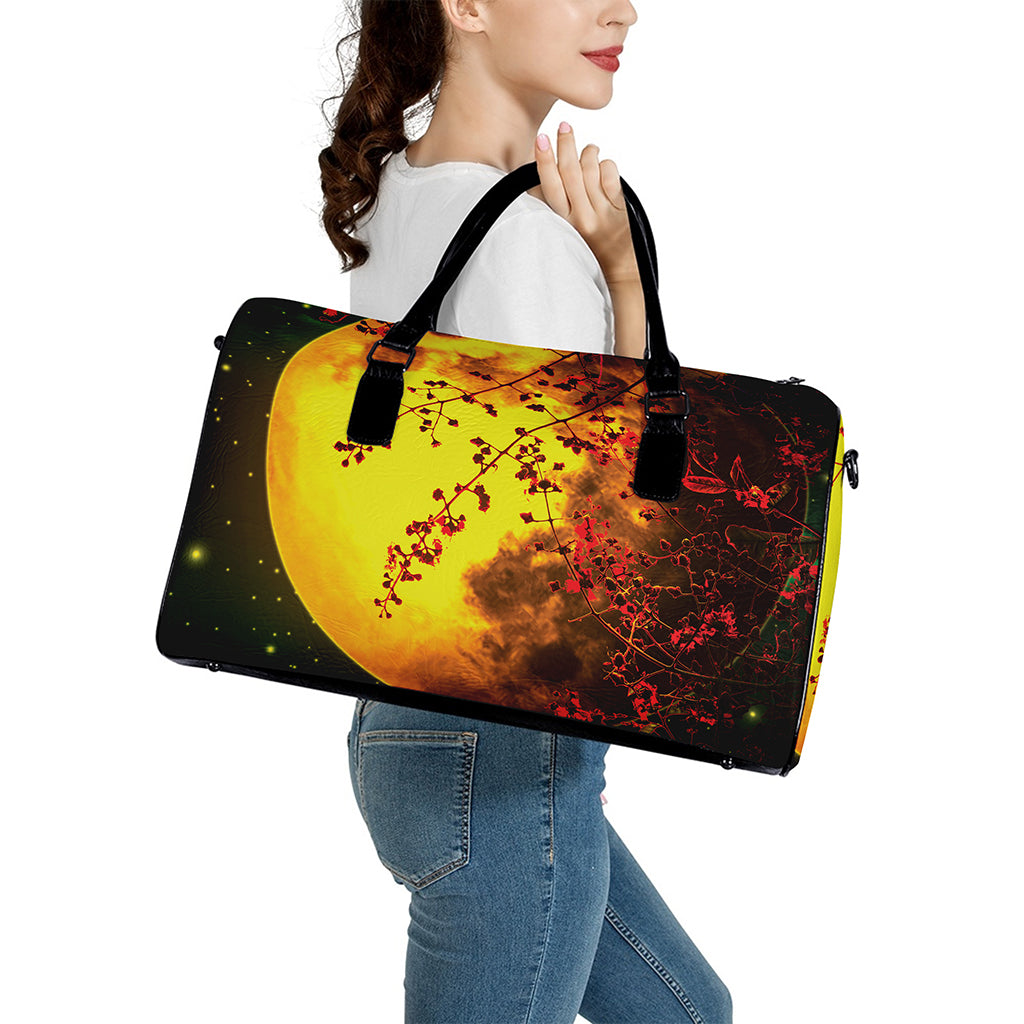 Yellow Full Moon Print Leather Duffle Bag