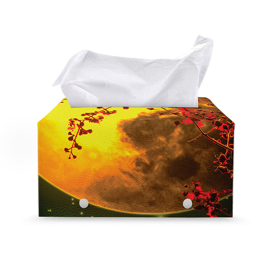 Yellow Full Moon Print Leather Tissue Box Cover