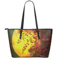 Yellow Full Moon Print Leather Tote Bag With Zipper