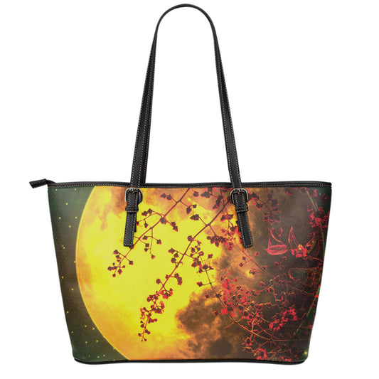 Yellow Full Moon Print Leather Tote Bag