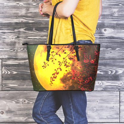 Yellow Full Moon Print Leather Tote Bag