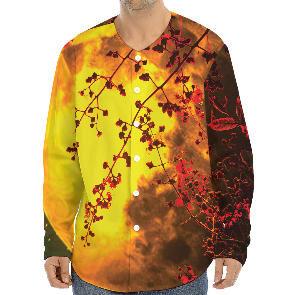 Yellow Full Moon Print Long Sleeve Baseball Jersey