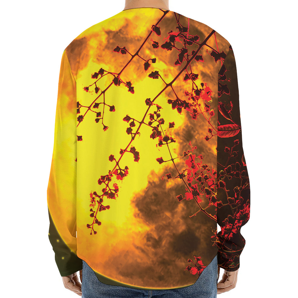 Yellow Full Moon Print Long Sleeve Baseball Jersey