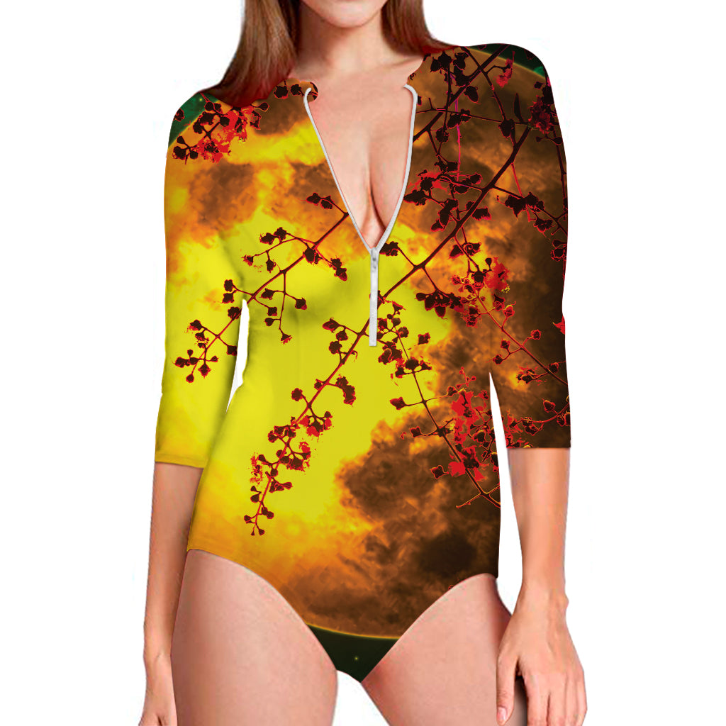 Yellow Full Moon Print Long Sleeve Swimsuit