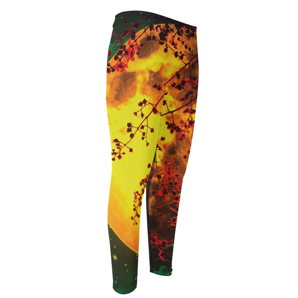 Yellow Full Moon Print Men's Compression Pants