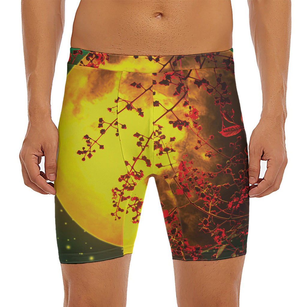 Yellow Full Moon Print Men's Long Boxer Briefs