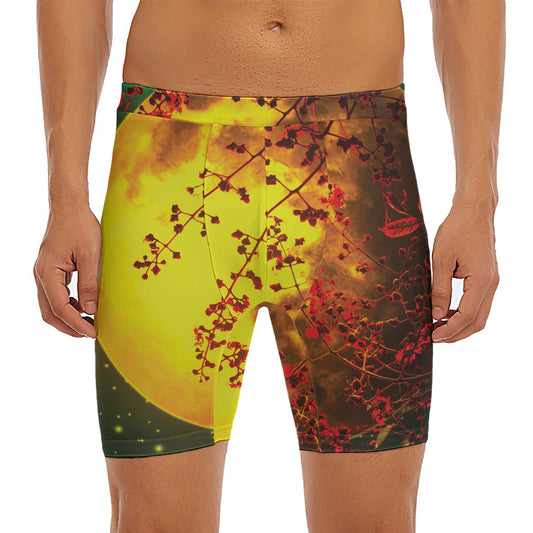 Yellow Full Moon Print Men's Long Boxer Briefs