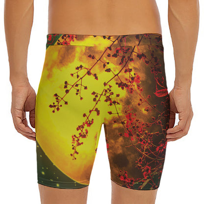 Yellow Full Moon Print Men's Long Boxer Briefs