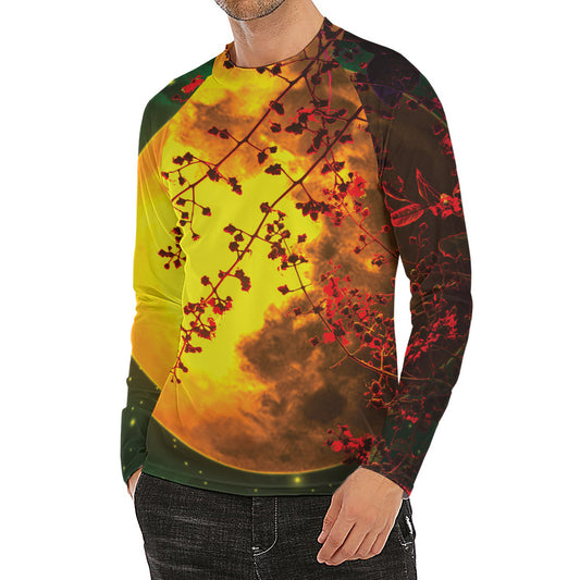 Yellow Full Moon Print Men's Long Sleeve Rash Guard