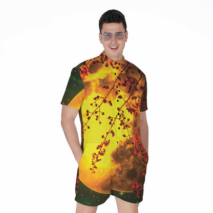 Yellow Full Moon Print Men's Rompers