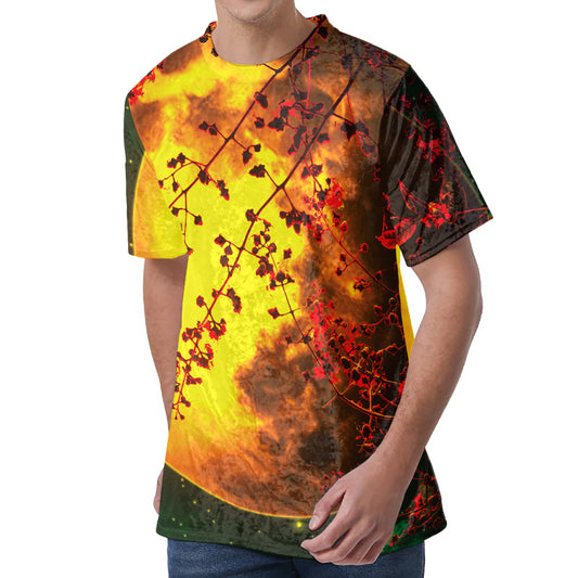Yellow Full Moon Print Men's Velvet T-Shirt