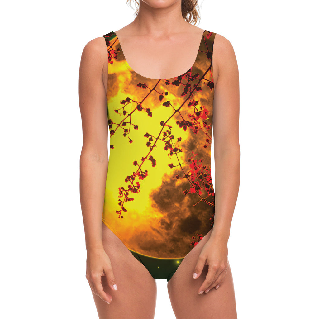 Yellow Full Moon Print One Piece Swimsuit