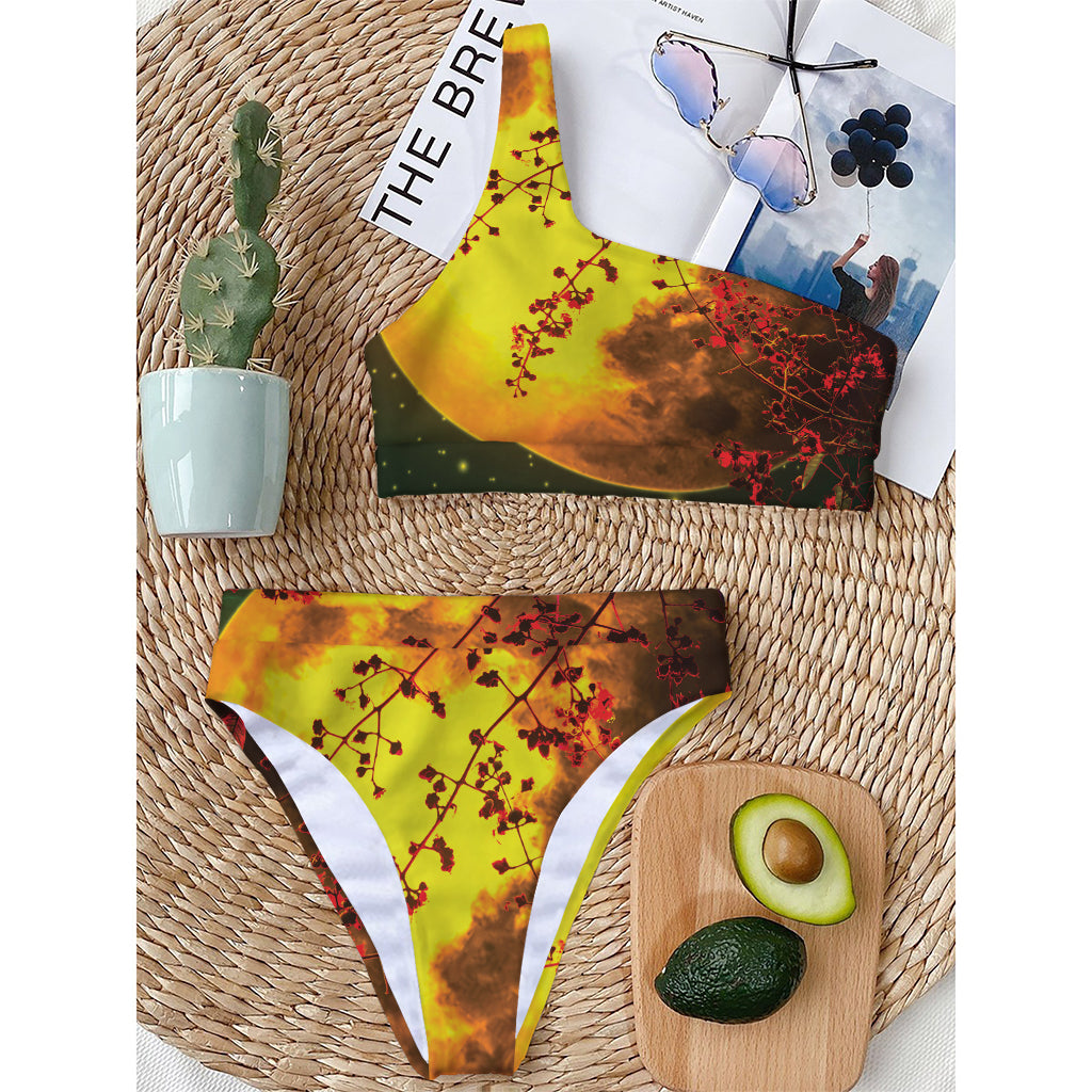 Yellow Full Moon Print One Shoulder Bikini Top
