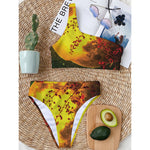 Yellow Full Moon Print One Shoulder Bikini Top