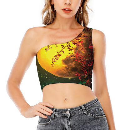 Yellow Full Moon Print One Shoulder Crop Top