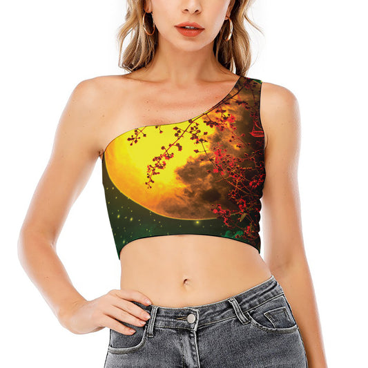 Yellow Full Moon Print One Shoulder Crop Top
