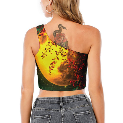 Yellow Full Moon Print One Shoulder Crop Top