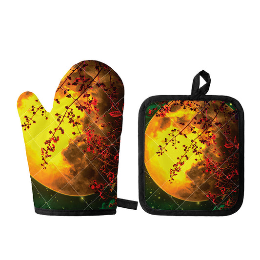 Yellow Full Moon Print Oven Mitt And Pot Holder Set