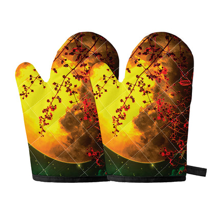 Yellow Full Moon Print Oven Mitts